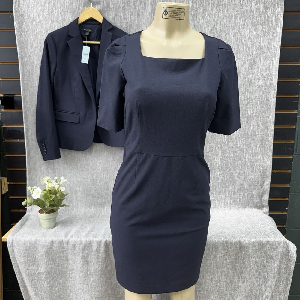 Ann Taylor Petite Navy Blue Sheath Dress & Blazer Suit Set Size 4P / 2P Workwear